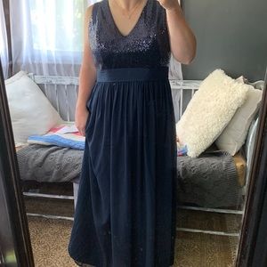 Navy Blue Long V-neck Sequin & Poly Chiffon Bridesmaid Dress